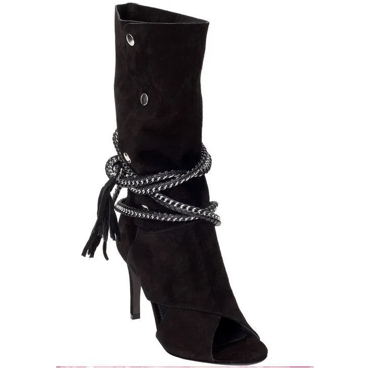 Peep Toe Lace Up Suede Cal Boots